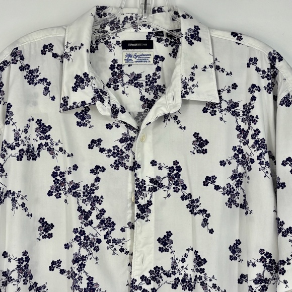 Superdry Mens XL Button Up Shirt White Blue Purple Floral Modal Cotton Short Slv - Picture 2 of 9